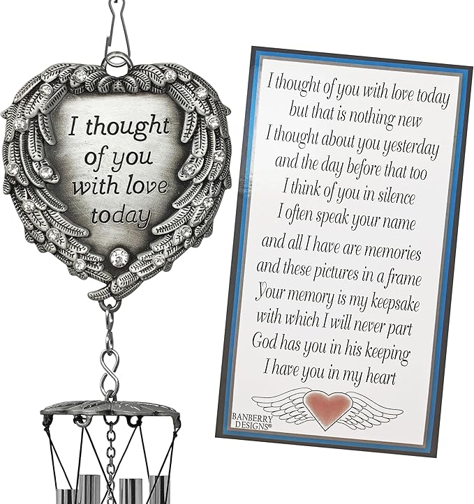Sympathy Memorial Windchimes - Engraved I Thought of You with Love Today - Angel Wings Wrapped Around a Heart and Teardrop Charm - in Loving Memory Chimes - 15" L - 2 Pack