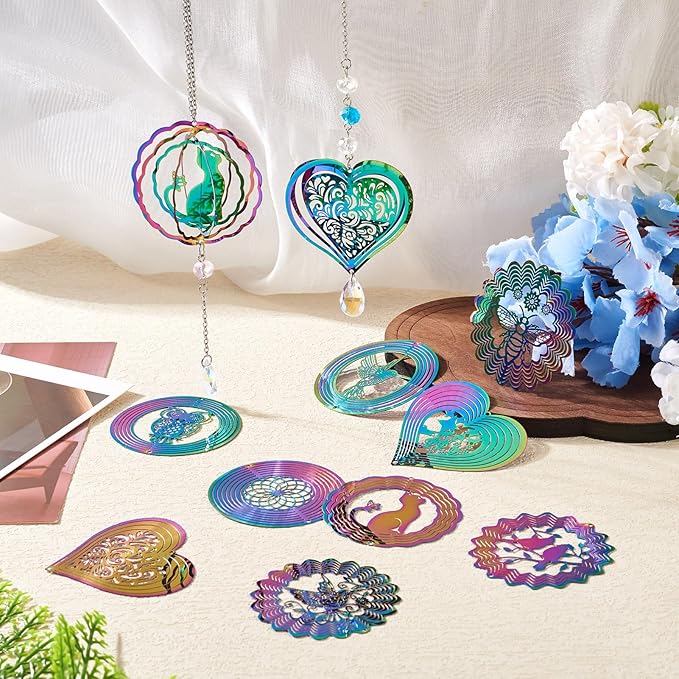 9Pcs Animal Wind Spinners Outdoors Assorted Stainless Steel Wind Sculpture Spinner for Garden Outside Hanging Decor Gradient Etched Metal Embellishments for Garden Yarn Home Decor