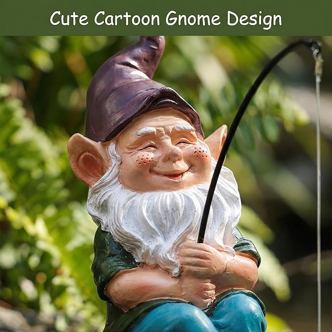 Garden Gnome Fishing Statue, 9.7" Koi Pond Decor with Glow in Dark Pebbles, Great Gift for Mom