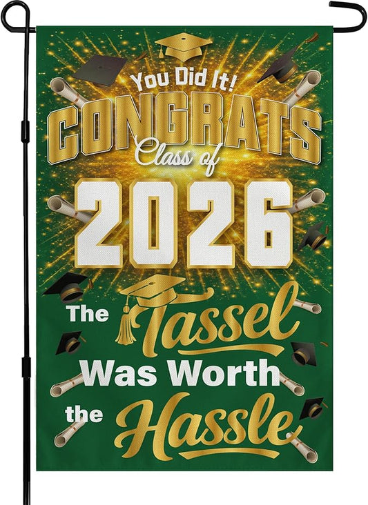 Graduation Decorations 2026 - Class of 2026 Garden Flag | Graduation Decor Party Favors Supplies for Outdoor Indoor Double-Side Backdrop Banner for Garden Porch Patio Lawn Yard Home,12x18Inch(Green)