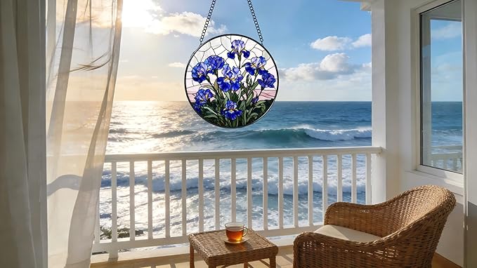 Stained Glass Window Hanging - Blue Iris Painting 6.3 Inches Suncatcher for Garden Home Decor for Women Mon Grandma Friends