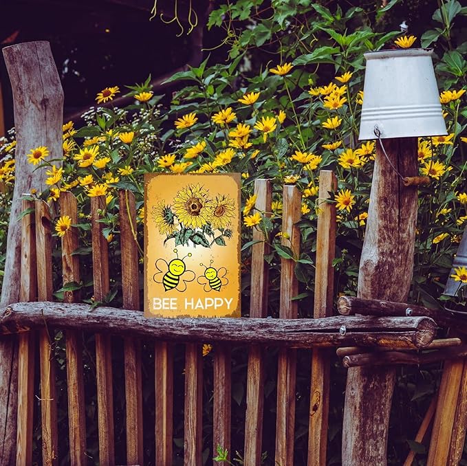 Funny Flowers Metal Sign, Metal Country Rustic Tin Sign, Sunflowers Bee Happy, Yard Sign Garage Farm Outside Garden Wall Decor Sign Plaque Outdoor for Home Fence 8 X 12 Inch