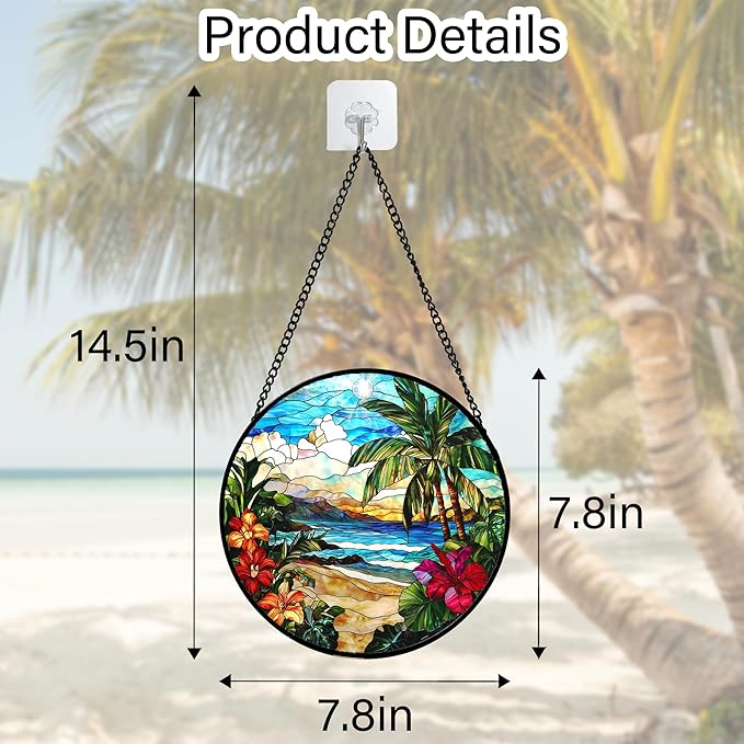 DASTOLL Stained Glass Window Hanging, Blue Beach Scenery Suncatcher Diamond Glass Panel Hangings Sun Catchers Decor for Birthday for Women, Men, Wife, Aunt, and Mom 7.8 in