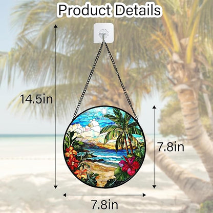 DASTOLL Stained Glass Window Hanging, Blue Beach Scenery Suncatcher Diamond Glass Panel Hangings Sun Catchers Decor for Birthday for Women, Men, Wife, Aunt, and Mom 7.8 in