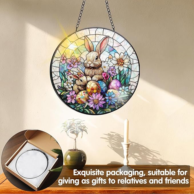 VAIIEYO Rabbit Sun Catcher Stained Glass Window Hanging Ornament, Handmade Sun Catcher Easter Egg Decoration with Hooks for Window Garden Home, Mother's Day & Birthday Housewarming Gift (7.8 inch)