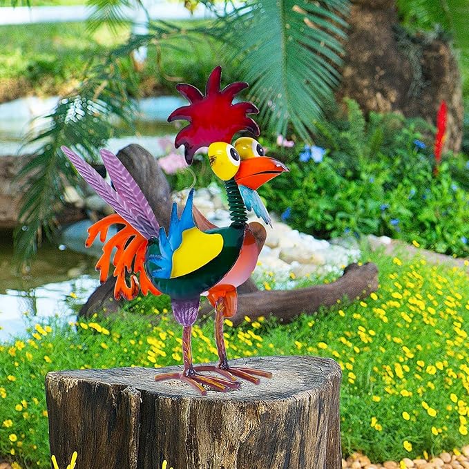 Metal Rooster Yard Statue, Wacky Outdoor Garden Statues, Metal Rooster Yard Garden Decorations Statues, Chicken Ornaments Yard Art for Backyard Patio Lawn Decorations, Gifts for Chicken Lovers (A)