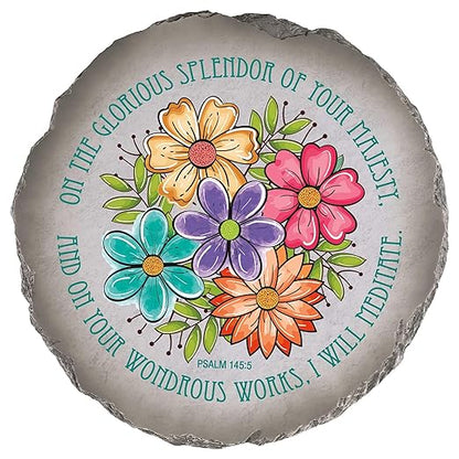 Magnolia Garden 10-Inch Psalm 145:5 Scripture Decorative Stepping Stone – Wondrous Works Floral Resin Garden Walkway Tile – Vibrant Colorful Religious Outdoor Accent
