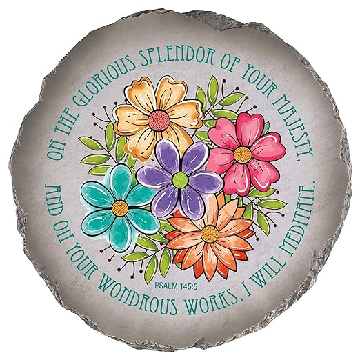 Magnolia Garden 10-Inch Psalm 145:5 Scripture Decorative Stepping Stone – Wondrous Works Floral Resin Garden Walkway Tile – Vibrant Colorful Religious Outdoor Accent