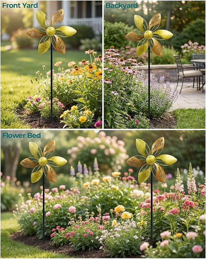 2 Pack 37" Metal Wind Spinners for Yard & Garden, 10" Kinetic Outdoor Garden Spinners, Rust-Resistant Decorative Yard Art (Gold Ornate Laser-Cut Floral)