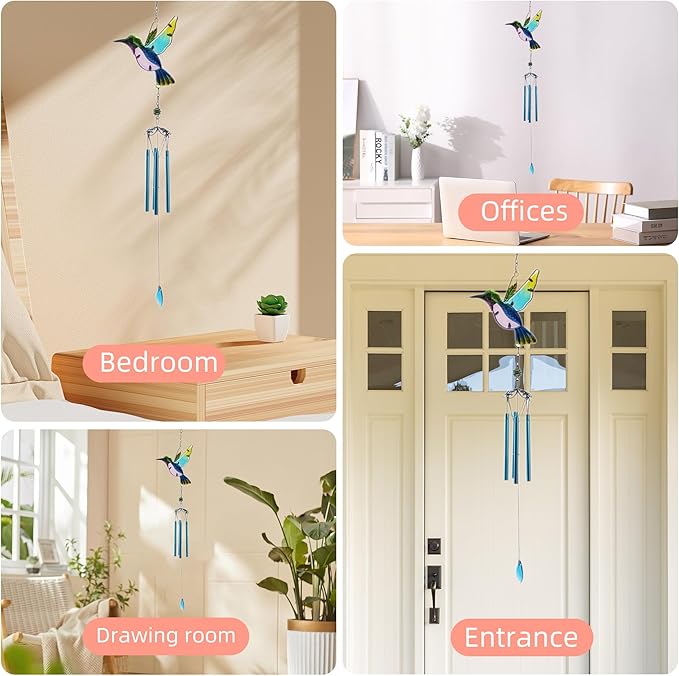 Wind Chimes Hummingbird, Garden Wind Chime for Home, Party, Festival Decor, Glass Garden Patio Yard Porch Decoration Indoor/Outside, Lifelike Hummingbird Deep Tone Style