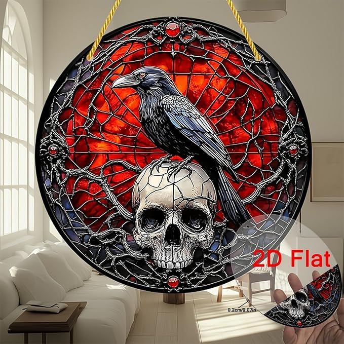 Halloween Sun Catchers Indoor Window Raven Skull Goth Window Decoration Black Goth Acrylic Decoration Black Red with Chain for Home Garden Housewarming Ornaments Gifts for Women Friend Party 7.87 Inch