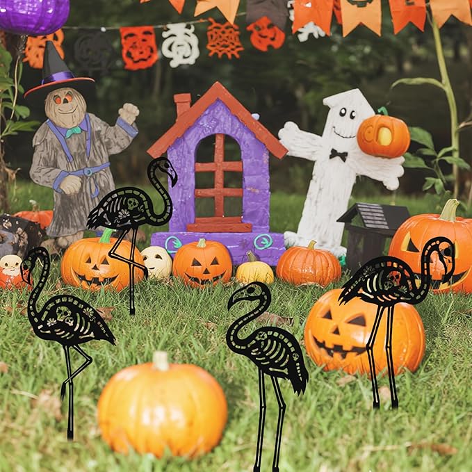 4pcs Halloween Skeleton Flamingo Yard Decorations, Skull Zombie Spooky Flamingo with Metal Stakes for Lawn Graveyard Outdoor & Halloween Outside Garden Ornaments (Black)