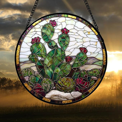 DASTOLL Stained Glass Window Hanging,Green Cactus Purple Flowers Suncatcher Diamond Glass Panel Sun Catchers Decor for Birthday for Women, Men, Wife, Aunt, and Mom 14.9x14.9 in