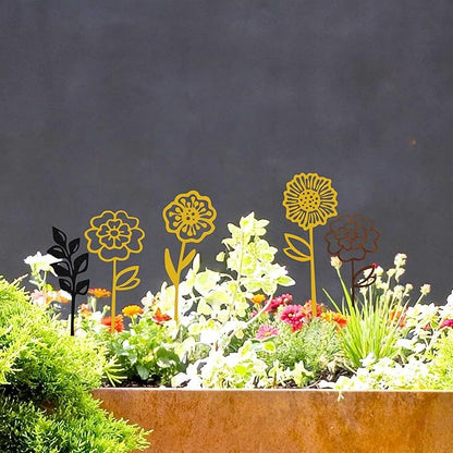 Gold Metal Flowers Set of 6, Decorative Garden Stakes for Outdoor, Yard Art, Flower Bed Decor, Garden Decorations for Pots and Flower Vases, Elegant Metal Flowers for Patio, Garden, and Home