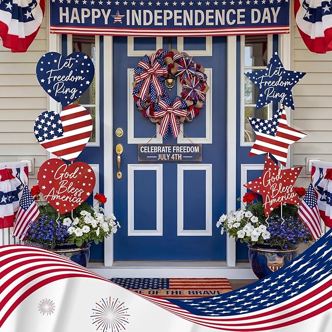 RattanView 6 Pack Outdoor 4th of July Yard Signs Stars and Heart Front Porch Decor with Stakes Red White Blue Lawn Sign Flower Pot for Garden Patio Lawn Independence Day Patriotic Party Decorations