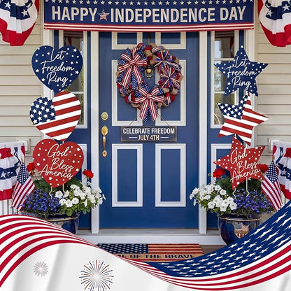 RattanView 6 Pack Outdoor 4th of July Yard Signs Stars and Heart Front Porch Decor with Stakes Red White Blue Lawn Sign Flower Pot for Garden Patio Lawn Independence Day Patriotic Party Decorations