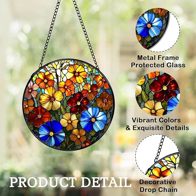 Stained Glass Window Hanging, Spring Colorful Flowers Suncatcher for Window Doors Garden Home Decoration, Floral Plant Glass Ornaments for Women,Men,Wife, Lovers, and Mom 7.8×7.8 in