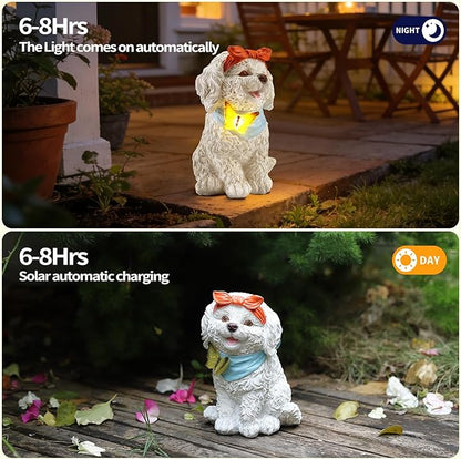 7.67" Solar Dog Garden Statue with Butterfly Light, Cute Resin Puppy Outdoor Decor, Waterproof Solar Powered Animal Statue for Yard, Lawn, Patio, Garden