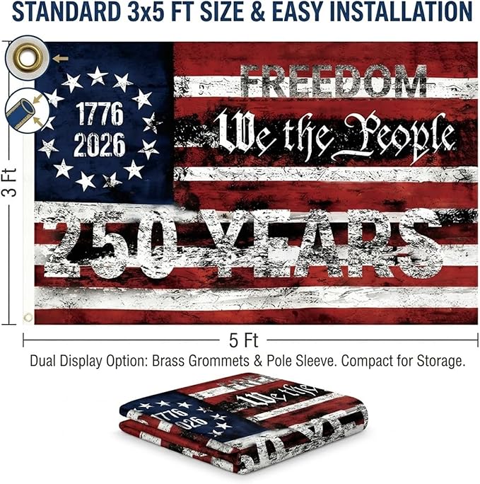 2PCS 250th Anniversary Flag 1.5x3 Ft Anniversary Flag, 1776-2026, 250 Years Birthday flags for Patriotic Yard, House Banner, Room, Porch, Wall, Fence, Outdoor Decorations(Style 3)