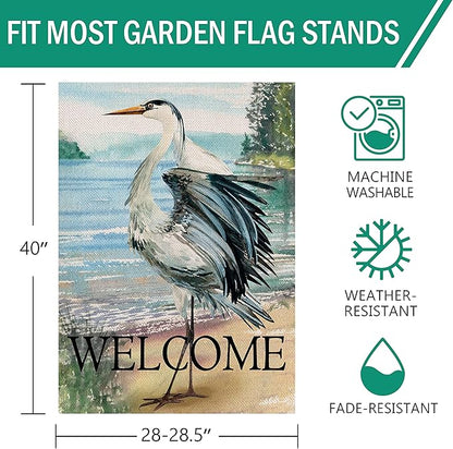Furiaz Welcome Spring Summer Seabird Coastal Beach Large Decorative House Flag, Blue Heron Yard Bird Sea Lake Ocean Home Outside Decoration, Nautical Tropical Outdoor Decor Double Sided 28x40