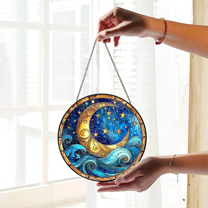 7.8" Night Sky Suncatcher Stained Glass Window Hanging Moonlight Sun Catchers Moon Star Ornament Wall Art Home Garden Kitchen Room Door Decor Birthday for Women Men Mom