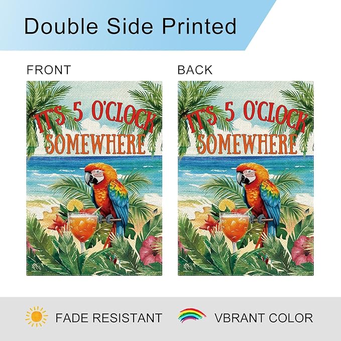 DLZDN Summer Parrot Bird Garden Flag It's 5 O'Clock Somewhere Garden Flag 12×18 Inch Double Side Vertical Burlap Farmhouse Yard Flag Summer Nautical Tropical Ocean Outdoor House Decoration