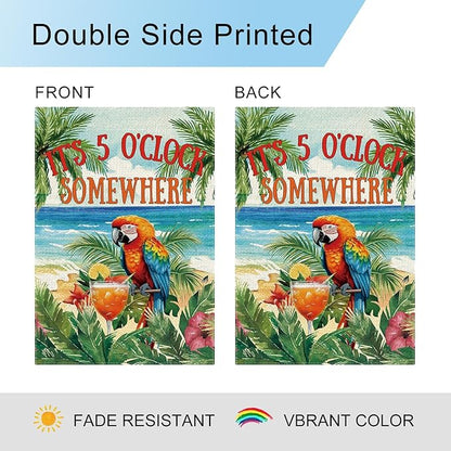DLZDN Summer Parrot Bird Garden Flag It's 5 O'Clock Somewhere Garden Flag 12×18 Inch Double Side Vertical Burlap Farmhouse Yard Flag Summer Nautical Tropical Ocean Outdoor House Decoration