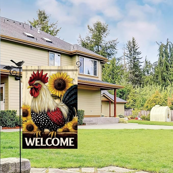 Spring Summer Garden Flag 12x18 Inch Welcome Rooster Sunflower Farm Animal Rustic Country Design Outdoor Yard Porch Lawn for Seasonal Farmhouse Home Decor