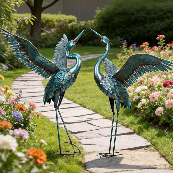 chisheen Garden Statue Outdoor Metal Heron Crane Yard Art Sculpture for Lawn Patio Backyard Decoration,46 inch (2-Pack) (Blue&Black)