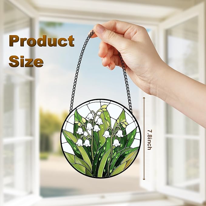 Stained Glass Window Hanging, Lily of the Valley Flower Sun Catcher Glass Panel Green and White Suncatcher Decor for Birthday, Women, Men, Wife, Aunt, Lovers, Home Garden 7.8 in