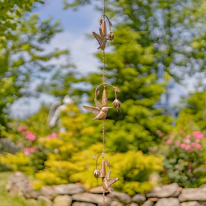 Zaer Ltd. Ornate Hanging Rain Chains (Copper Finish, Hummingbirds and Flowers)