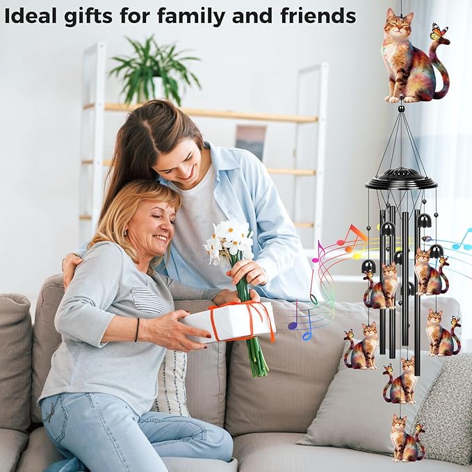 YHmall Cat Gifts for Women, 35 in Wind Chimes for Outside Mothers Day Gardening Gifts for Mom Colorful Metal Memorial Wind Chime Cat Decor for Home Yard Patio Garden Outdoor