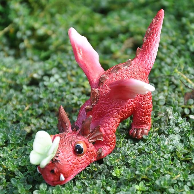 Top Collection Miniature Fairy Garden and Terrarium Mini Red Dragon Playing with Butterfly Figurine