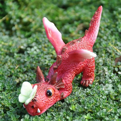 Top Collection Miniature Fairy Garden and Terrarium Mini Red Dragon Playing with Butterfly Figurine