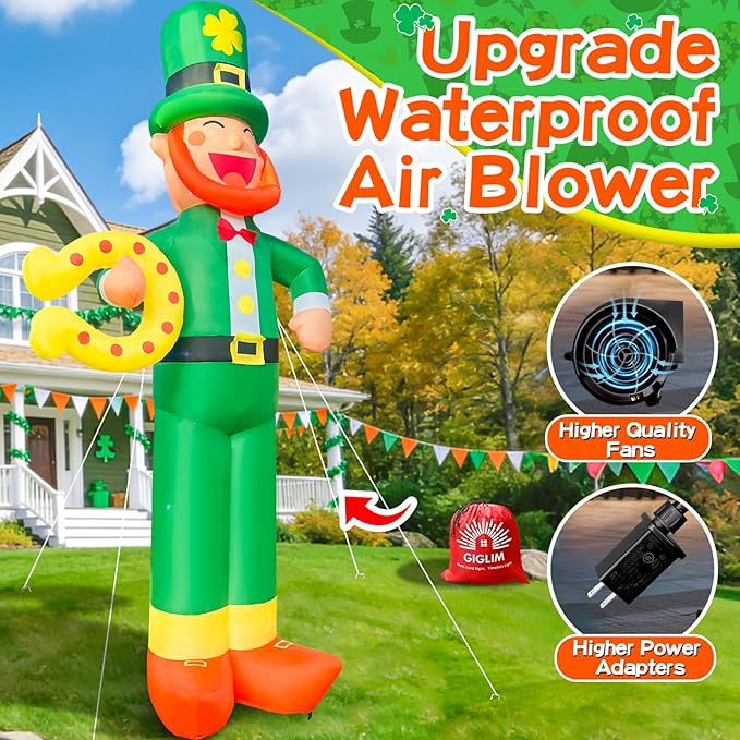 12Ft Giant St Patricks Day Inflatable Leprechaun with Horseshoes St Patricks Blow Up Inflatable Yard Decorations St Patricks Day Blow Up for Outdoor Garden Lawn Party(with Drawstring Bag)