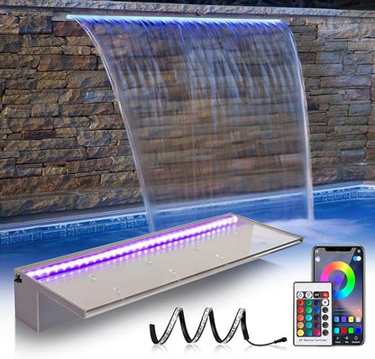 PONDO 24'' APP Pool Waterfall with 16 Colors LED Lights, Acrylic Pond Fountain Set for Outdoor Decorations, Patio Waterfall Spillway Kit on The Wall for Garden, Easy Installation