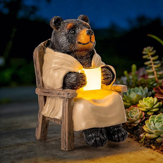 SOWSUN Miniature Garden Statue, Solar Black Bear Decoration with Light, Outdoor Decor for Patio Yard Lawn Balcony, Christmas/Birthday Gift for Mom Women