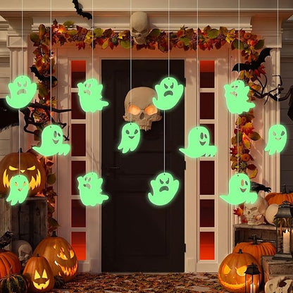 12 Pcs Hanging Bats Halloween Decoration Outside Pumpkin Skeleton Spider Outdoor Lawn Decorations 3 Different Size Realistic Ghost for Hanging in The Tree Porch Yard Lawn Indoor (Fluorescent Ghost)
