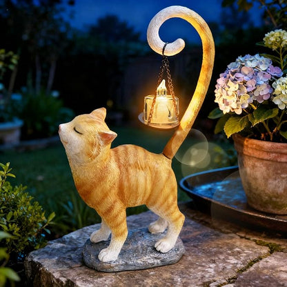Standing Cat Garden Statue Candle Holder for Outdoor Garden Patio and Indoor Decor for Cat Lovers Women and Home Ambiance Orange