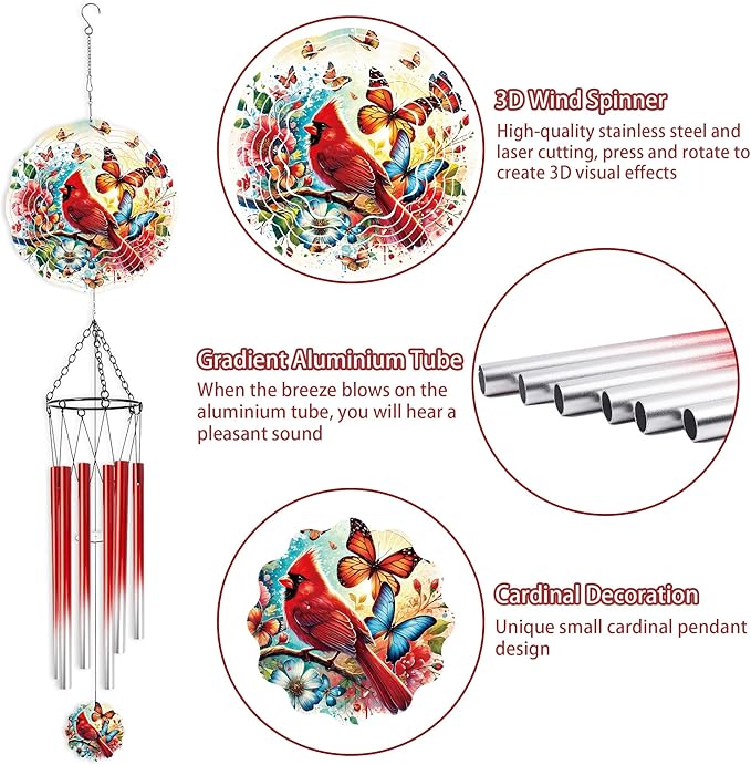 Wind Chimes with Cardinal Wind Spinner, Bird Decor Gift for Women Men, Hanging Metal Wind Catcher with 2" Center Pendant, 6" 3D Stainless Steel Kinetic Art for Garden Yard