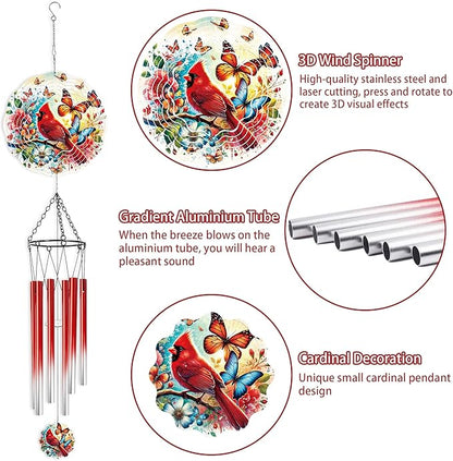 Wind Chimes with Cardinal Wind Spinner, Bird Decor Gift for Women Men, Hanging Metal Wind Catcher with 2" Center Pendant, 6" 3D Stainless Steel Kinetic Art for Garden Yard