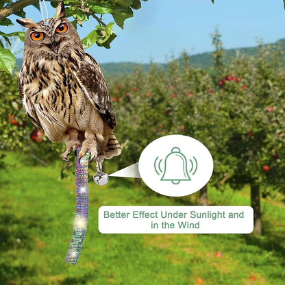 Hanging Plastic Owls for Gardens, 2PCS Reflective Hanging Owl Decoration Woodpecker Control Device with Reflective Tape, Jinging Bell for Garden Patio Windows