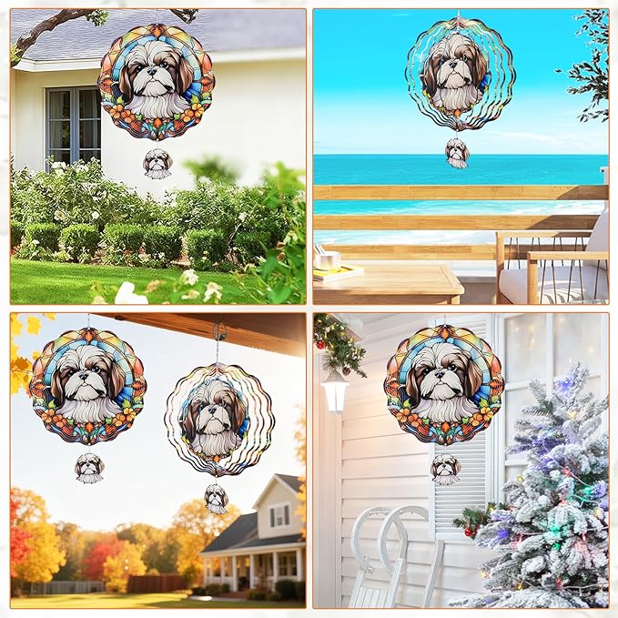 Shih Tzu Wind Spinners Outdoor - 3D Cute Dog for Women Men, Wind Spinner for Yard Patio Ornament Garden Decor, 12 Inch Hanging Kinetic Metal Wind Spinners Sculpture