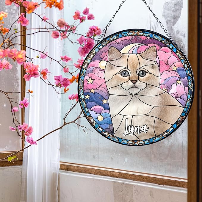 NAZENTI Personalized Cat Stained Glass Suncatcher, Memorial Keepsake Remembrance Gift for Fur Lovers, Custom Name Pet Photo Ornament Window Hanging, Home Decor, Sympathy Gift for Loss of Cat