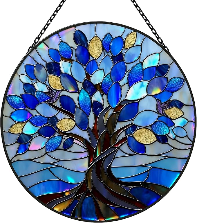 Stained Glass Window Hangings, Tree of Life with Hummingbird Suncatchers for Window, Treasured Gift for Mom, Grandma, Family and Friends (Blue, 6.7x6.7 in)