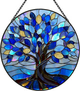 Stained Glass Window Hangings, Tree of Life with Hummingbird Suncatchers for Window, Treasured Gift for Mom, Grandma, Family and Friends (Blue, 6.7x6.7 in)