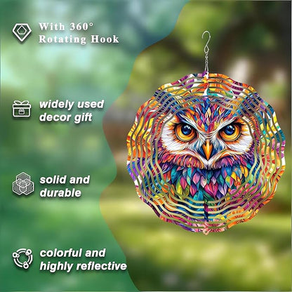 10 Inch 3D Owl Wind Spinner, Laser Cut Metal Hanger Kinetic Wind Rustproof Sculpture for Garden Yard Art Lawn Balcony Window Porch Outdoor Indoor Decor