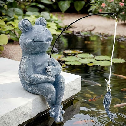 9.5" Frog Fishing Garden Sculptures & Statues, Stone Look Sculpture, Whimsical Lawn Yard Art, Funny Pond Fisherman Statue, Resin Animal Decorative Figurine, for Frog Fishing Lovers