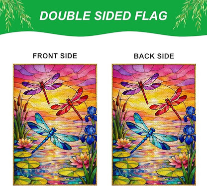 IVN Dragonfly Garden Flag 12x18 Inch – Sunset Lake Stained Glass Style Outdoor Flag, Double Sided Burlap Yard Flag for Porch Lawn Patio Decorative