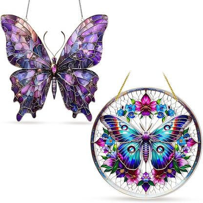 2PCS Butterfly Solar Collector for Windows, Stained Glass Window Hanging, 7.9x7.9in Butterfly Ornament with Chains, Home and Garden Decor, Gift for Women and Nature Lovers
